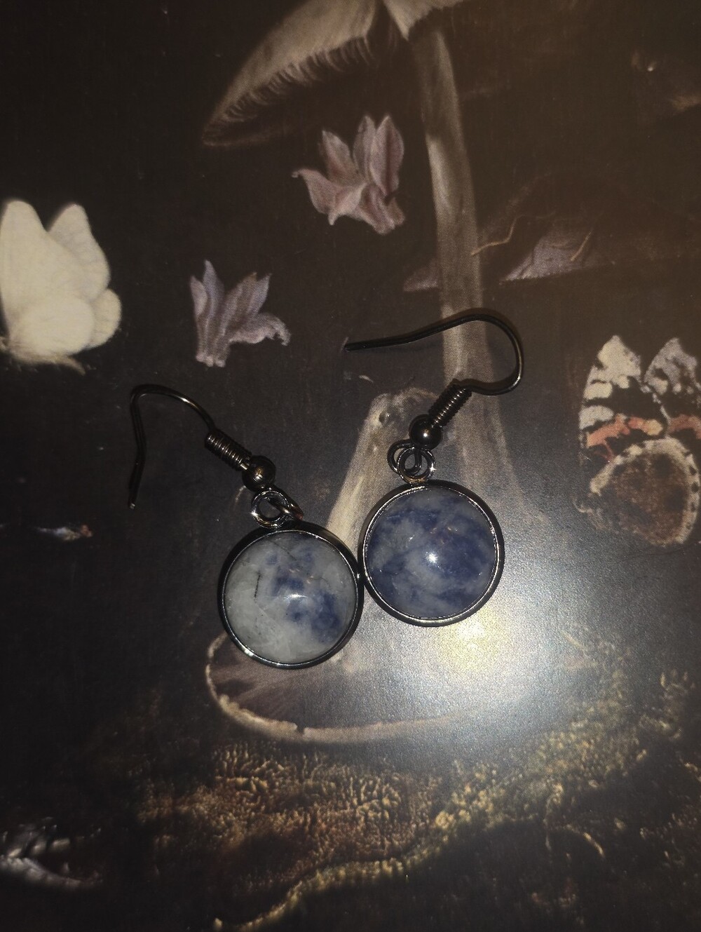 Sodalite Gemstone Earrings (Blue & White) On Black Colored Hooks
